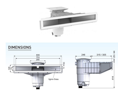 Skimmer miroir A800  BETON/LINER/COQUE   BLANC